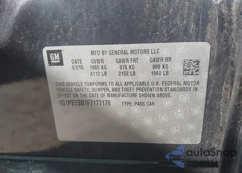 2015 Chevrolet Cruze 2Lt Auto из США, поврежденный, VIN 1G1PE5SB7F7177178